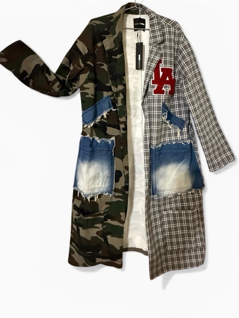 Mixed-Print Patchwork Trench Coat with LA Patch